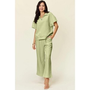 I am a Fashion Junky Double Take Full Size Texture Half Zip Short Sleeve Top and Pants Set - 1 of 4