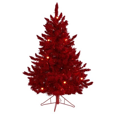 Photo 1 of 4ft Nearly Natural Pre-Lit Red Flocked Fraser Fir Artificial Christmas Tree Red Lights