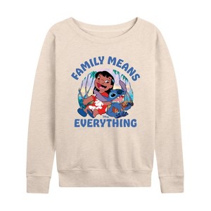 Women's - Lilo and Stitch - Family Means Everything Lightweight French Terry Wide Neck Long Sleeve Shirt - 1 of 4