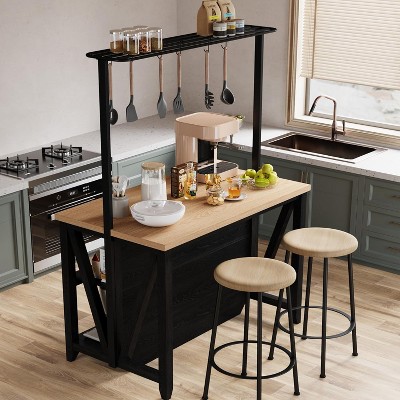 Wooden Kitchen Island with Power Outlet & LED Lights - Bakers Rack with Storage, 3-Tier Microwave/Oven Stand, Coffee Bar Table with 6 Hooks