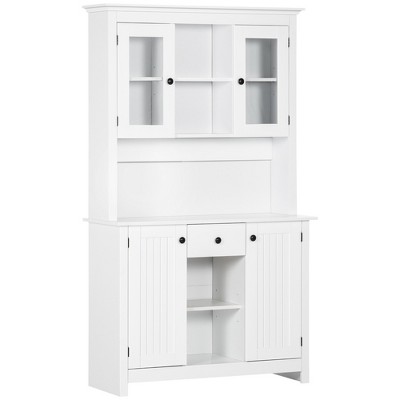 HOMCOM Freestanding Rustic Buffet with Hutch, 4 Doors Farmhouse Kitchen Pantry Cabinet, Microwave Stand with Beadboard Panel, Drawer, White
