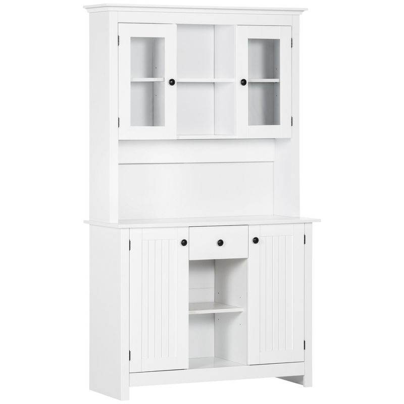 HOMCOM Freestanding Rustic Buffet with Hutch, 4 Doors Farmhouse Kitchen Pantry Cabinet, Microwave Stand with Beadboard Panel, Drawer, White, 1 of 7