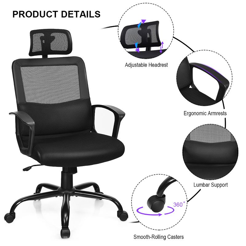 Costway Mesh Office Chair High Back Ergonomic Swivel Chair w/ Lumbar Support & Headrest, 5 of 10