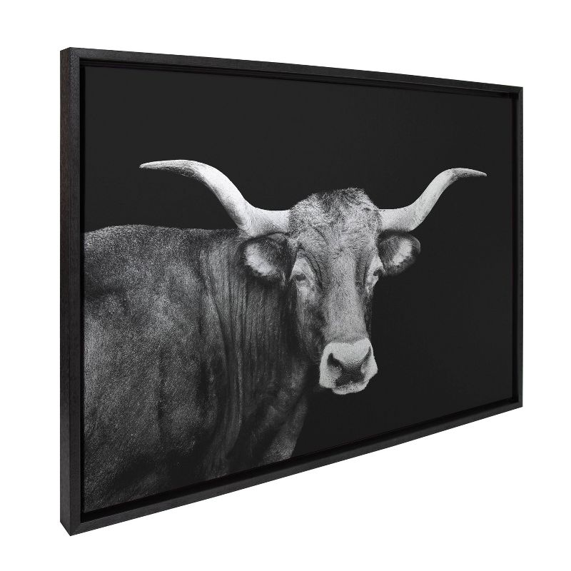 Kate &#38; Laurel All Things Decor 23&#34;x33&#34; Sylvie Tudanca Cow Longhorn Bull Cattle Animal BW Framed Metallic Canvas Wall Art by Xyo, 1 of 7