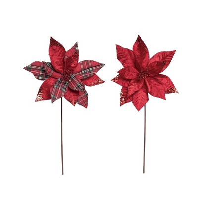 Transpac Christmas Plaid Poinsettia Pick w/Metallic Glitter Set of 2 Christmas Home Decorations