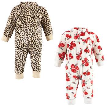 Hudson Baby Toddler Girls Plush Jumpsuits, Red Rose Leopard
