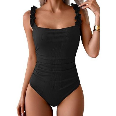 Eomenie Women's One Piece Swimsuit 2025 Tummy Control Square Neck Bathing Suit Ruffle Straps Ribbed Swimwear