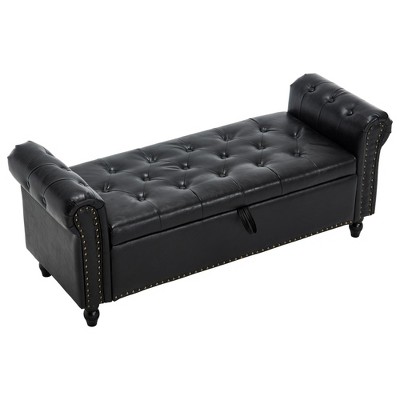 Vynxaria Upholstered Storage Ottoman Bench - 55.12"Black Button Tufted with Rivet Accents