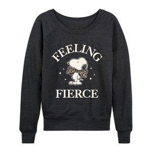 Women's - Peanuts - Feeling Fierce Snoopy Lightweight French Terry Wide Neck Long Sleeve Graphic Shirt - 1 of 4