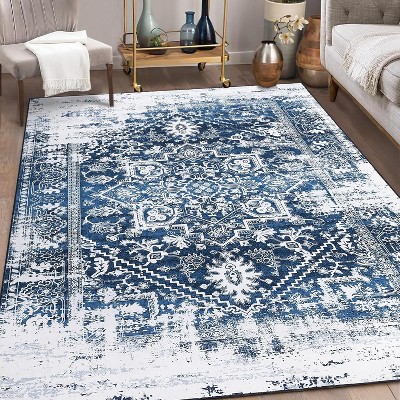 Washable Rug Large Living Room Rug Oriental Traditional Rug Vintage Rug Large Rug Blue Rug Distressed Floral Print Indoor Rug