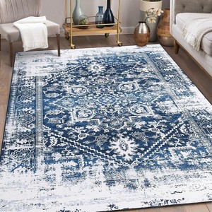 Washable Rug Large Living Room Rug Oriental Traditional Rug Vintage Rug Large Rug Blue Rug Distressed Floral Print Indoor Rug - 1 of 4