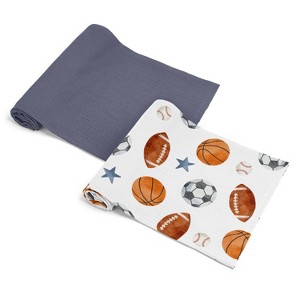 Sweet Jojo Designs Baby Boy Baby Muslin 100% Cotton Swaddle Blankets Set Watercolor Sports Theme Blue Brown and Orange 2pc - 1 of 4