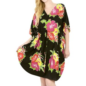 LA LEELA Women's House Daily Routine Evening Wear Holiday Casual Loungewear Relaxed Fit Caftan Mini Casual Sundress for Women 2X-3X Pink, Floral - 1 of 4