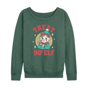 Women's - Instant Message - Treat Yo Elf Christmas Lightweight French Terry Wide Neck Long Sleeve Shirt - 1 of 4