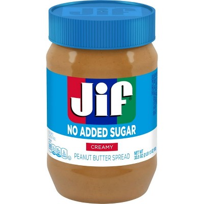 Jif No Added Sugar Creamy Peanut Butter Spread, 33.5 oz. - Smooth, Creamy Texture, No Stir Peanut Butter Spread, Pack of 4