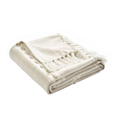 50"x60" Herringbone Striped Yarn Dyed Cotton Woven Throw Blanket with Tassels Beige - Lush Décor