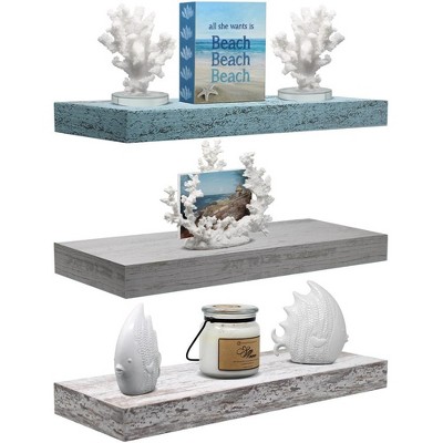 Rustic White and Blue Wood Floating Wall Shelves Set