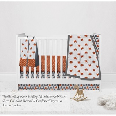 Bacati - Playful Fox Orange Gray 4 pc Crib Bedding Set with Diaper Caddy