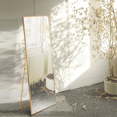 59x16 Inch Slim Full-Length Mirror, Gold Frame with Non-Slip Base, Bathroom/Bedroom Use