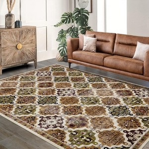 Bohemian Floral Checkerboard Washable Rug - Non-Slip Oriental Style, for Bedroom, Living Room, Kitchen & More - 1 of 4