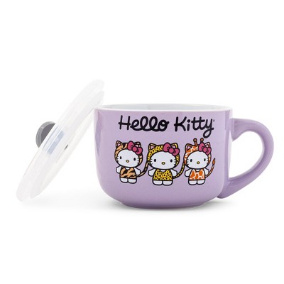 Silver Buffalo Sanrio Hello Kitty Jungle Animals 24-Ounce Ceramic Soup Mug With Vented Lid