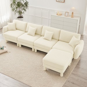 AENKYO Boucle Sectional Sofa with Shell Armrests & Ottoman - Modular Sectional Sofa, 4-Seat Deep Seat Sofa for Living Room & Bedroom, Easy Assembly - 1 of 4