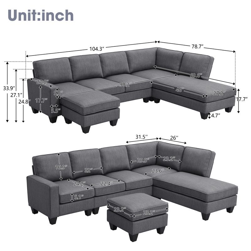 104.3" Modern L Shaped Sectional Sofa, 7 Seater Linen Sofa Set with Chaise Lounge and Convertible Ottoman - ModernLuxe, 3 of 13