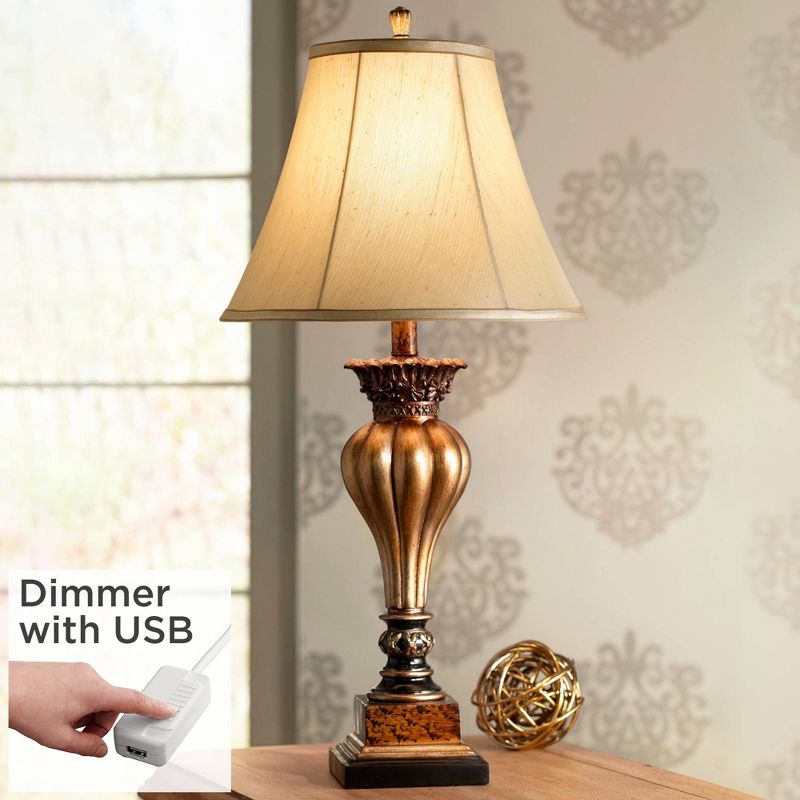 Regency Hill Rustic Traditional Vintage Table Lamp 30" Tall with USB Dimmer Cord Gold Tan Fabric Bell Shade for Bedroom Living Room House Bedside Home, 2 of 10