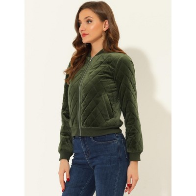 INSPIRE CHIC Women's Zip Up Long Sleeve Velvet Surface Diamond Quilted Bomber Jackets Green X-Large — фото 2