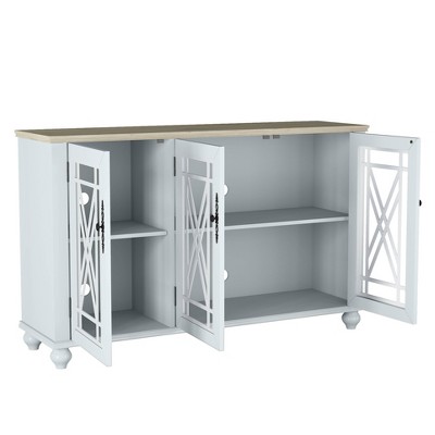 Grayish-White Vintage Wood and Glass Sideboard Cabinet