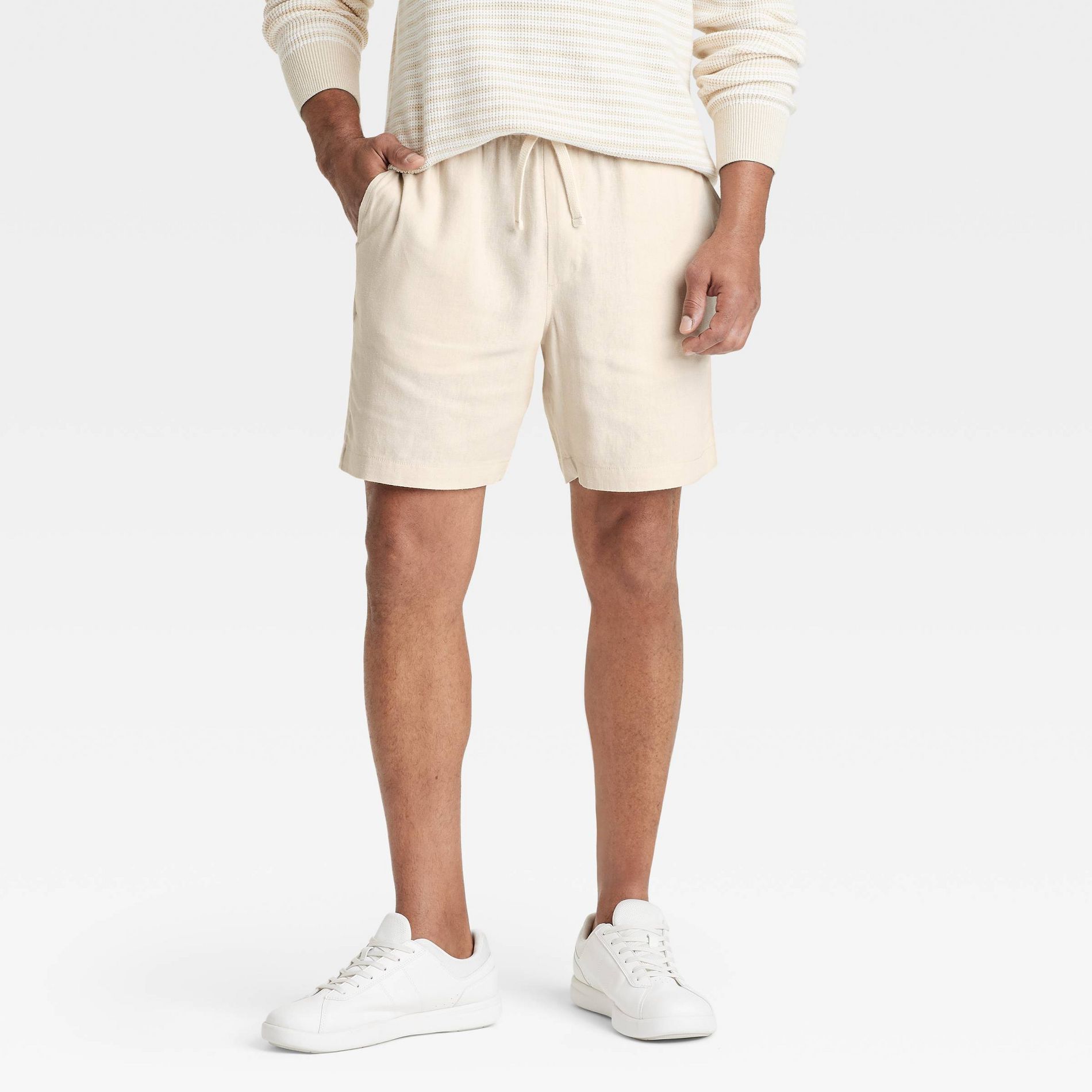 Men's 7" Elevated Linen Blend Pull-On Shorts - Goodfellow & Co™ Best Beige XS: Midweight, Side & Hidden Pockets