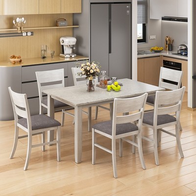 VECELO Farmhouse Style Dining Table Set, Rubber Wood Table with 4/6 Upholstered Dining Chairs, Gray