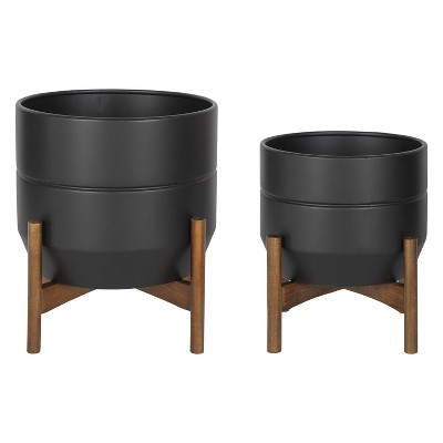 Dolbry Mid-Century Black and Walnut Freestanding Metal Planter Set