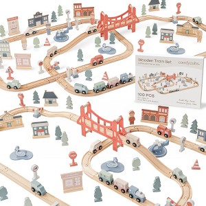 Comfy Cubs 100-Piece Wooden Train Set for Ages 1+, Toddler Train Set with Wooden Toy Tracks - 1 of 4