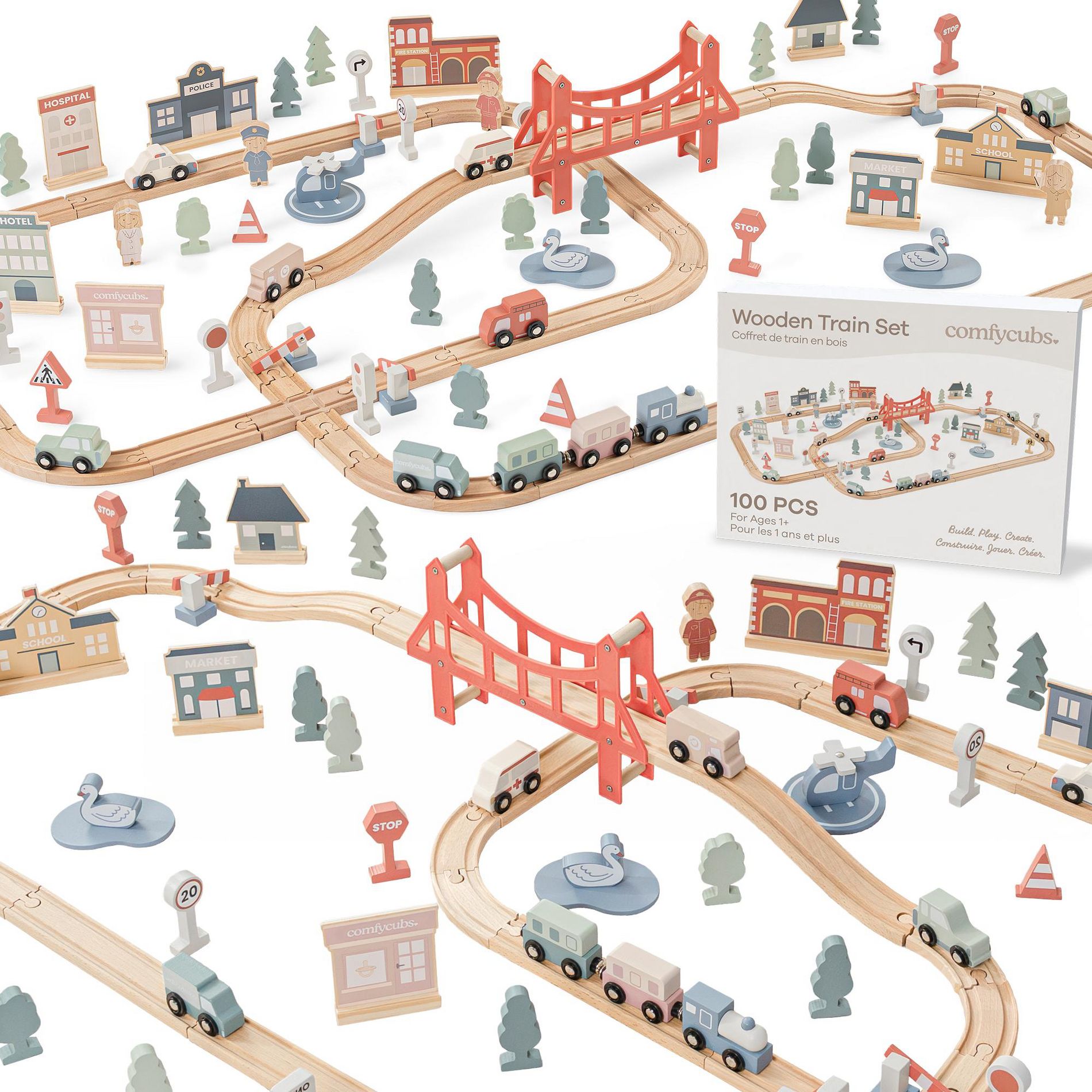 Comfy Cubs 100-Piece Wooden Train Set for Ages 1+, Toddler Train Set with Wooden Toy Tracks