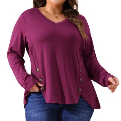 Agnes Orinda Women's Plus Size Long Sleeve V Neck Loose Fashion Buttons Tunic Blouse