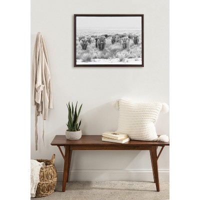 Herd of Highland Cows Black and White Canvas Print with Brown Frame