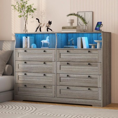 Grey Dresser for Bedroom with 8 Drawers, 55" Tall Wood Bedroom Dresser with Charging Station