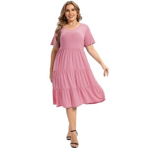 Women's Plus Size V Neck Short Sleeve A Line Ruffle Hem Babydoll Flowy Dress - 1 of 4