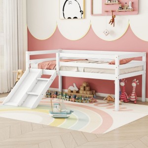 Youth Loft Bed with Slide, Access Ladder, and Guard Rails, Complete with Playhouse-Style Roof - 1 of 3