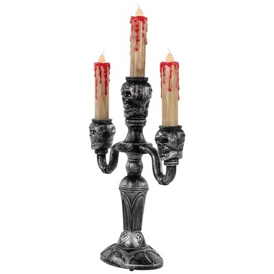 Antique Silver Skull Trio Halloween Candelabra with Dripping Blood LED Candles