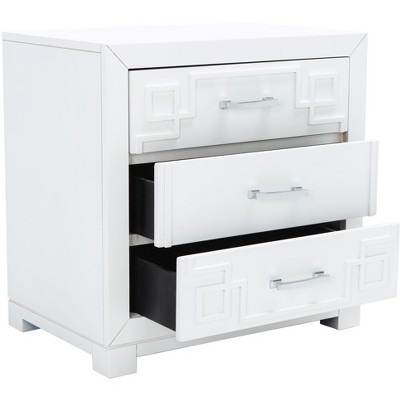 White and Silver Rubberwood 3-Drawer Nightstand with Greek Key Pattern
