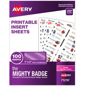 The Mighty Badge by Avery Printable Insert Sheets, 1" x 3" ID Badges, 100 Clear Inserts (5 Sheets) for Laser Printers (71210) - 1 of 4
