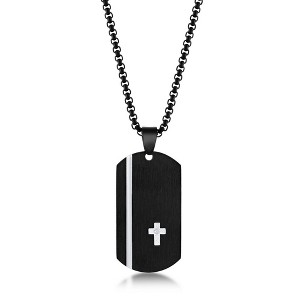 Metallo Stainless Steel Black Silver Cross Single CZ Dog Tag Necklace - Black - 24 Inch - 1 of 3