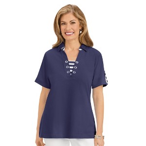 Collections Etc Striped Trimmed Polo Top - 1 of 4