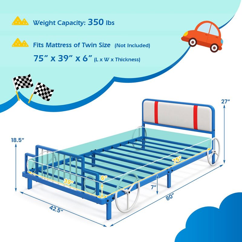 Tangkula Twin Size Kids Bed Frame Car Shaped Metal Platform Bed w/ Upholstered Headboard, 3 of 11