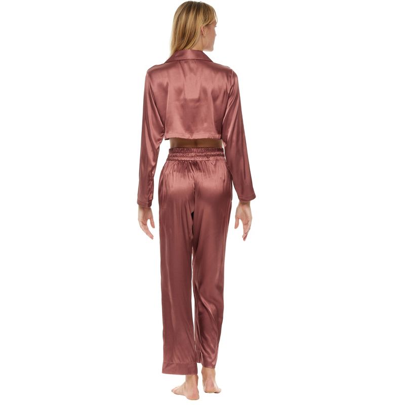 Women's Crop Top Satin Pajamas Lounge Set, Long Sleeve Top and Pants with Pockets, Silk like PJs, 2 of 4