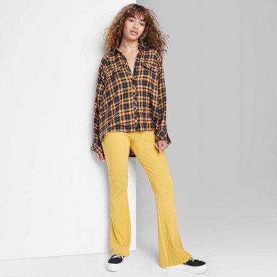Women's Raglan Long Sleeve Button-Down Hi-Low Flannel Shirt - Wild Fable™ Yellow Plaid XS