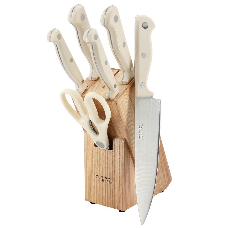 Martha Stewart Everyday Keswick 7 Piece Stainless Steel Cutlery and Wood Block Set in Linen, 1 of 7