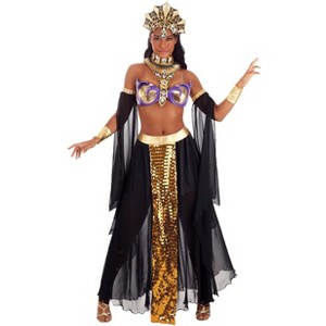 HalloweenCostumes.com Women's Queen of the Cursed Costume | Golden Royal Ruler Outfit with Bra, Skirt, and Headpiece - 1 of 4